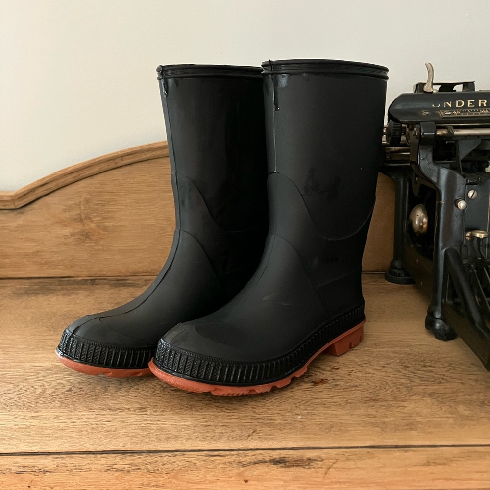 Black Rubber Rain Boots with Brown Soles